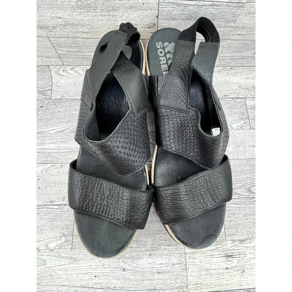 Sorel Joanie II Hi Slingback Wedge Sandals Black Leather Espadrille Women Sz 10 - Picture 10 of 11